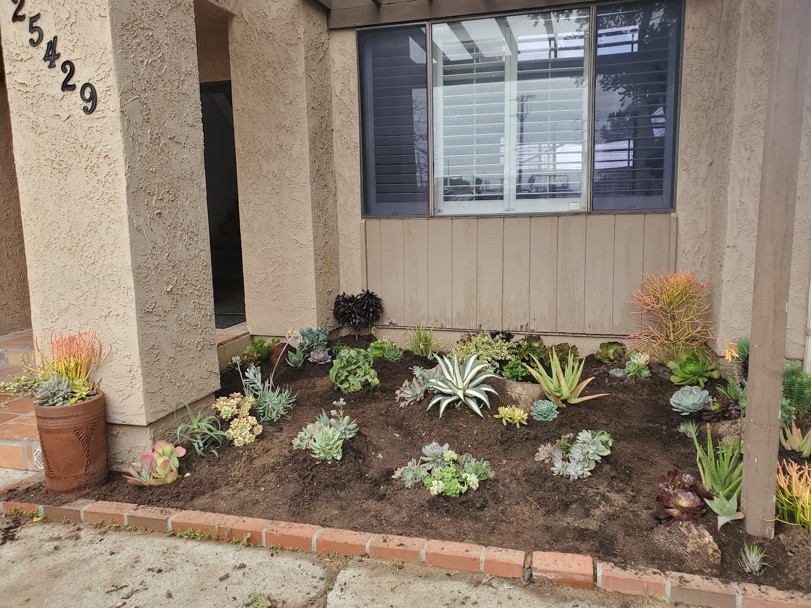 Exterior front entrance showing residential address, metal security features, and colorful succulent plant landscaping