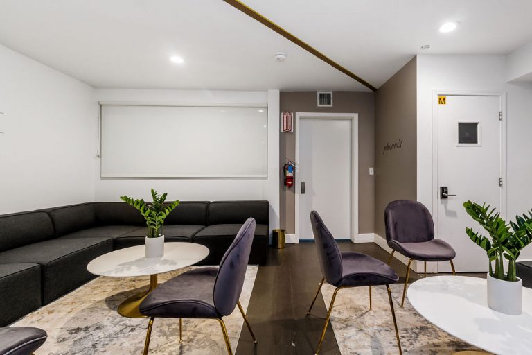 Interior multipurpose room with black sectional, presentation board, purple chairs, and plants for group therapy sessions