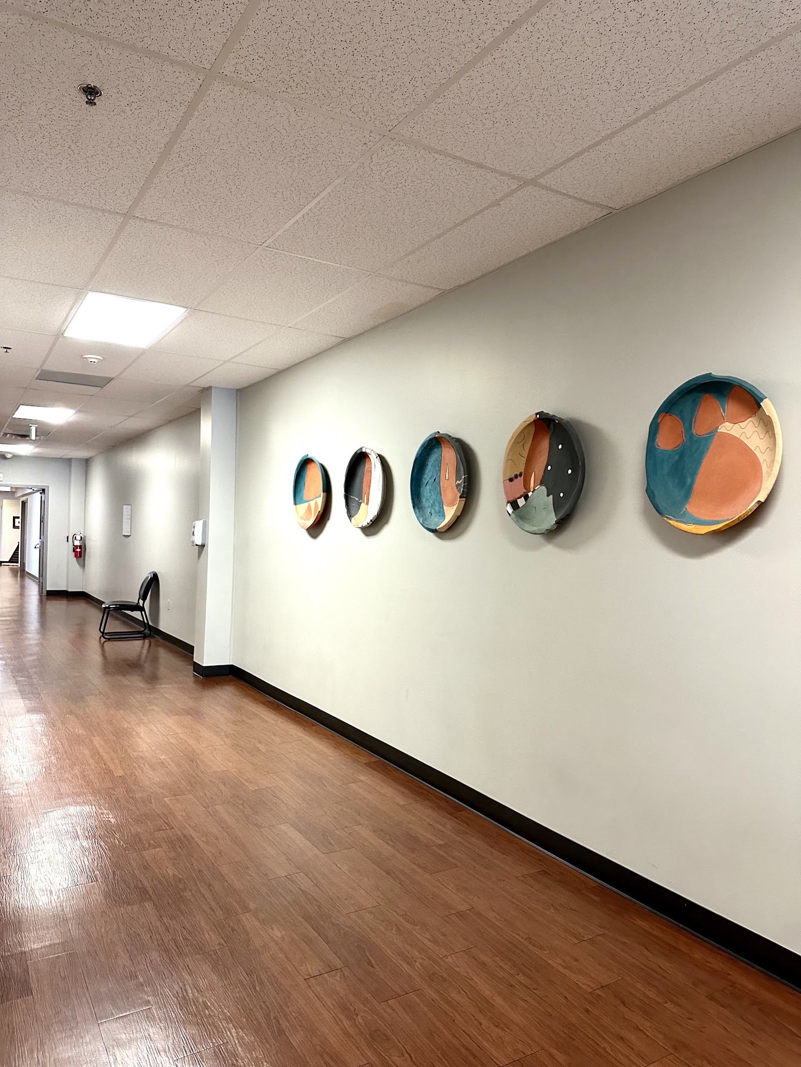 Interior hallway showing five mounted decorative ceramic plates on beige wall above dark wood trim and flooring