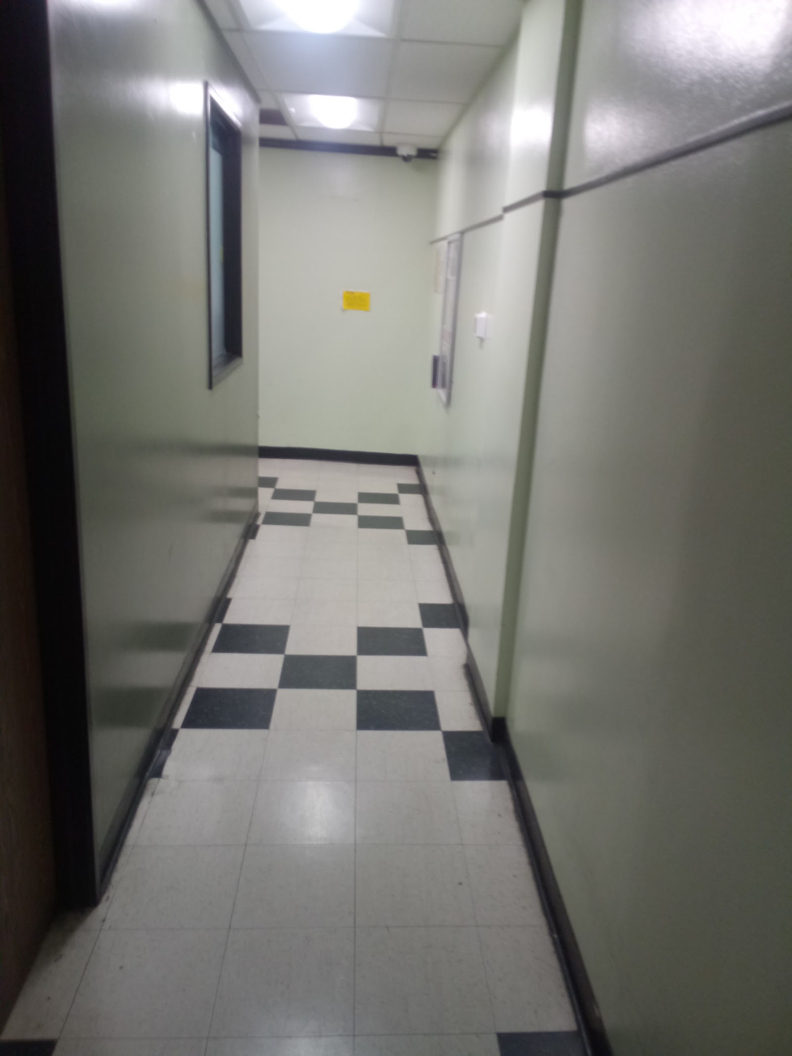 Interior hallway with checkered black and white flooring, white walls with handrails, fluorescent ceiling lights, and multiple doors