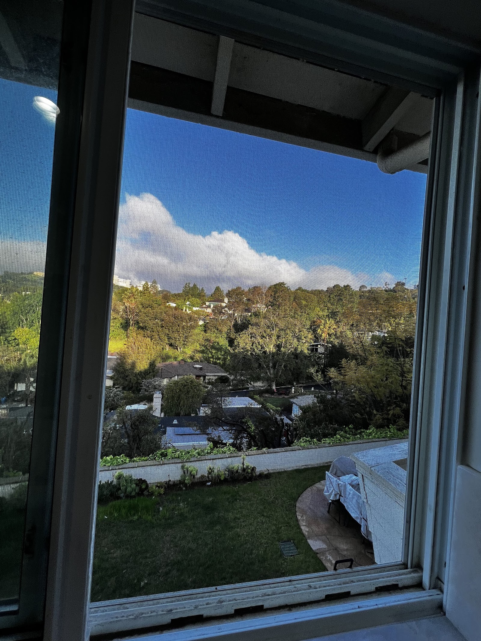 Interior view through window showing hillside terrain with trees, sky, and facility grounds beyond glass.