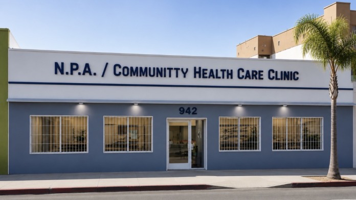 Exterior front of community health care clinic showing blue facade, barred windows, main entrance, and signage identifying the N.P.A. facility.