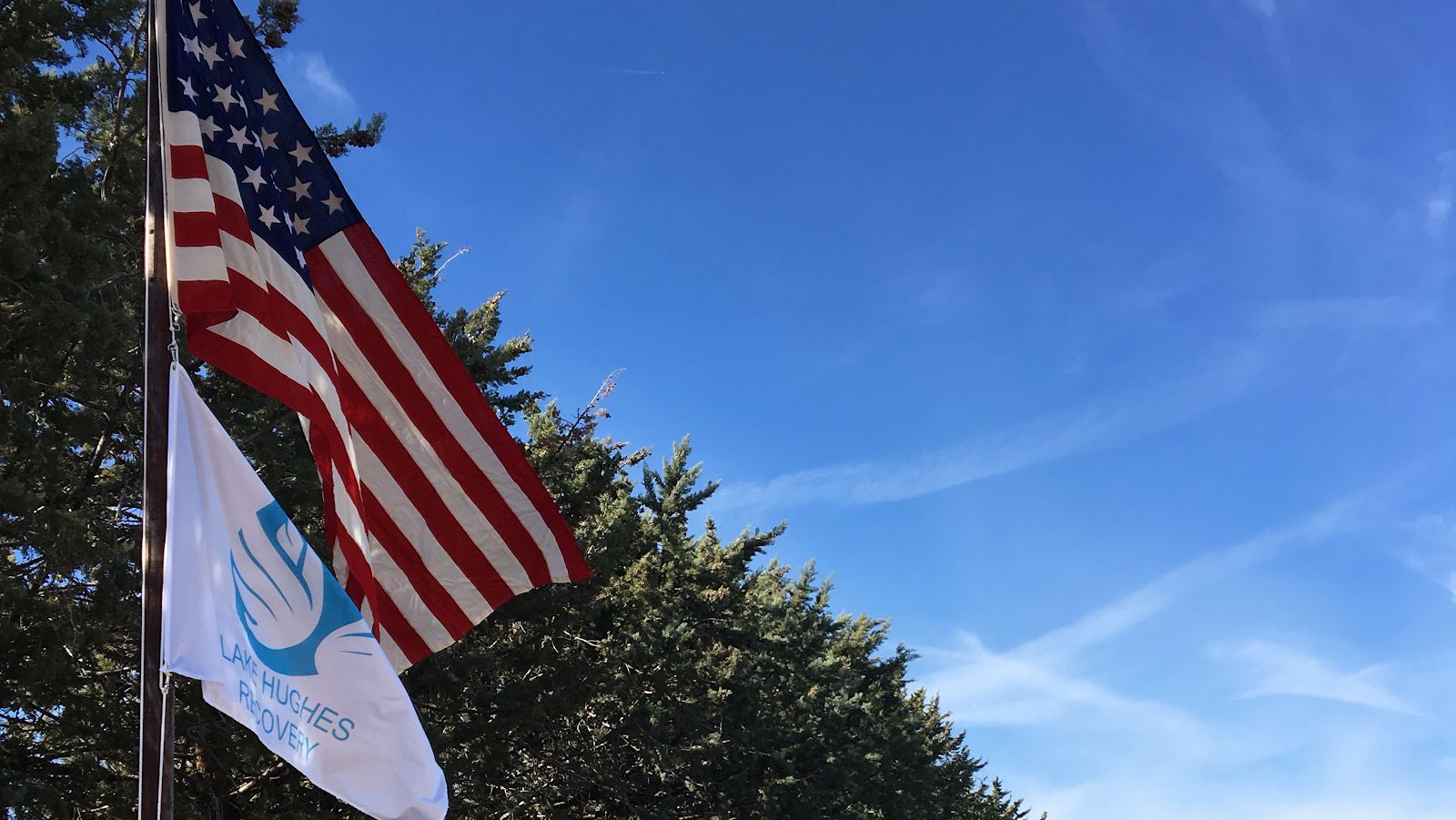 Exterior view showing American flag and Lake Hughes Recovery facility flag on pole with trees and blue sky