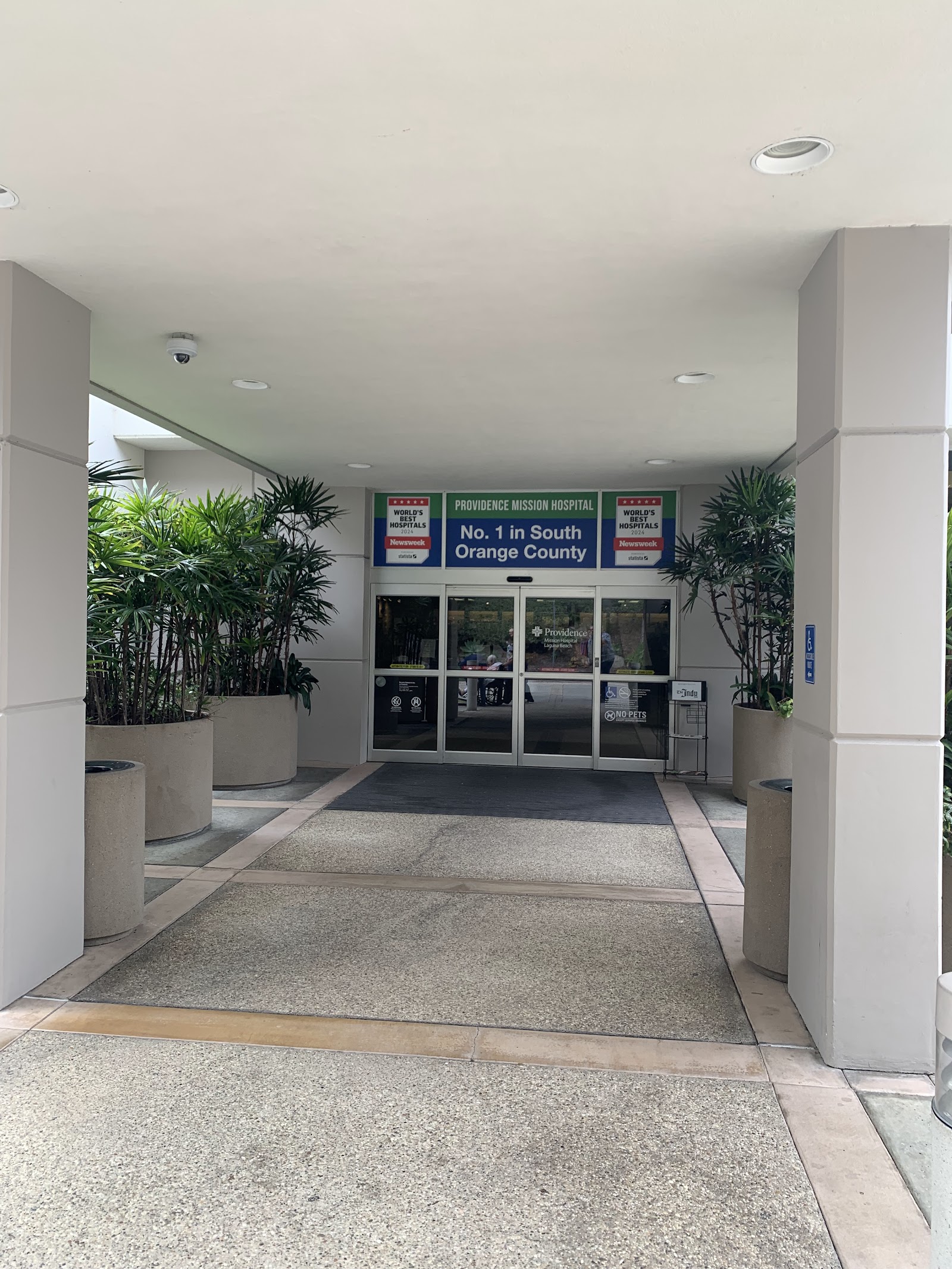 Interior entrance foyer with glass doors, reception counter, palm plant displays, and hospital signage
