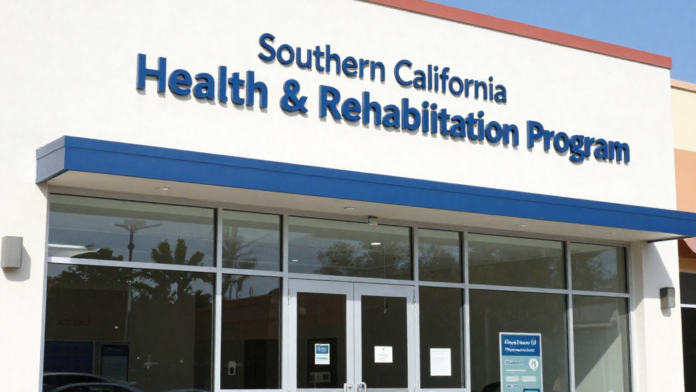 Exterior view of Southern California Health & Rehabilitation Program main entrance with blue signage, glass doors, and parking area