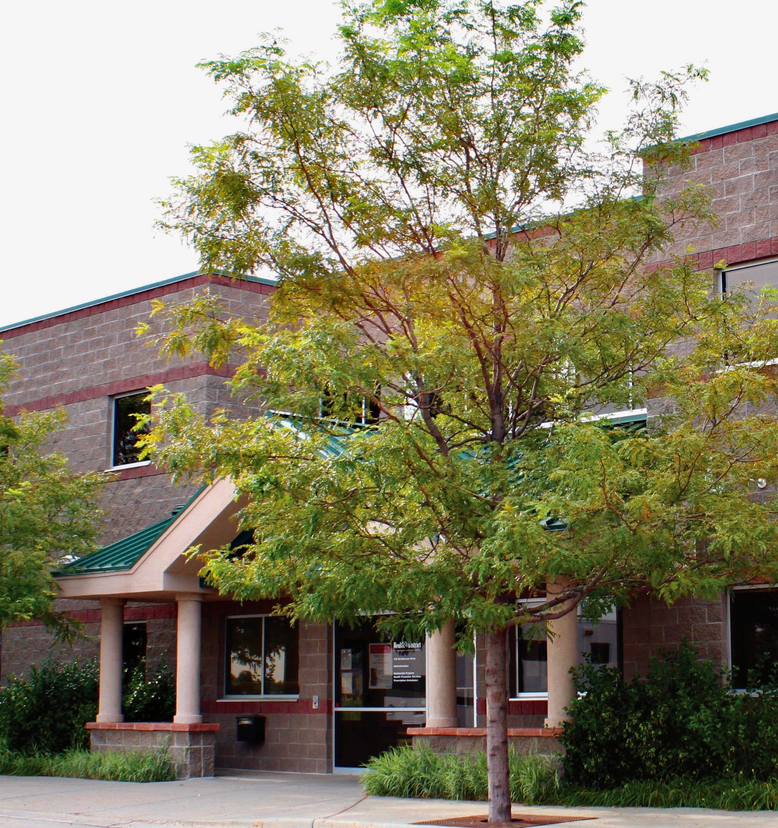 Exterior view of brick treatment center building with covered entrance portico, columns, and mature tree in landscaping
