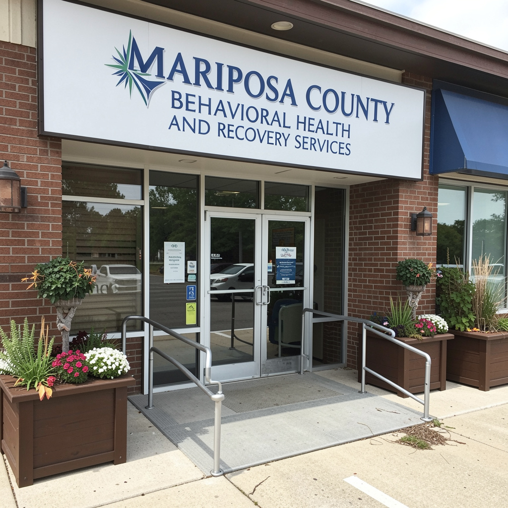 Exterior front entrance of brick treatment facility with blue facility signage, glass doors, and landscaped planters with flowering plants.