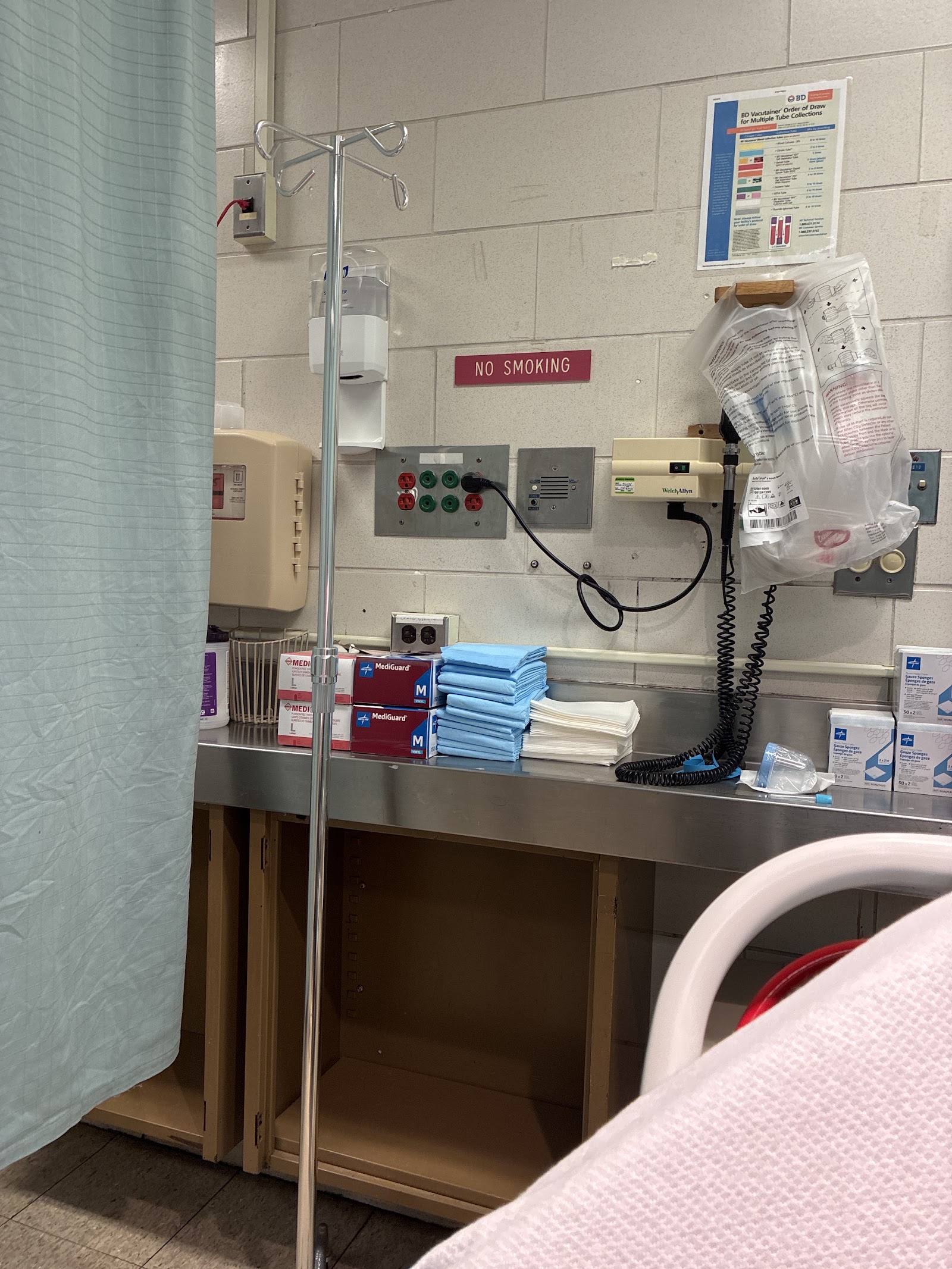 Interior medical room with IV stand, wall-mounted equipment with indicator lights, no-smoking sign, medical supplies, and hospital bed