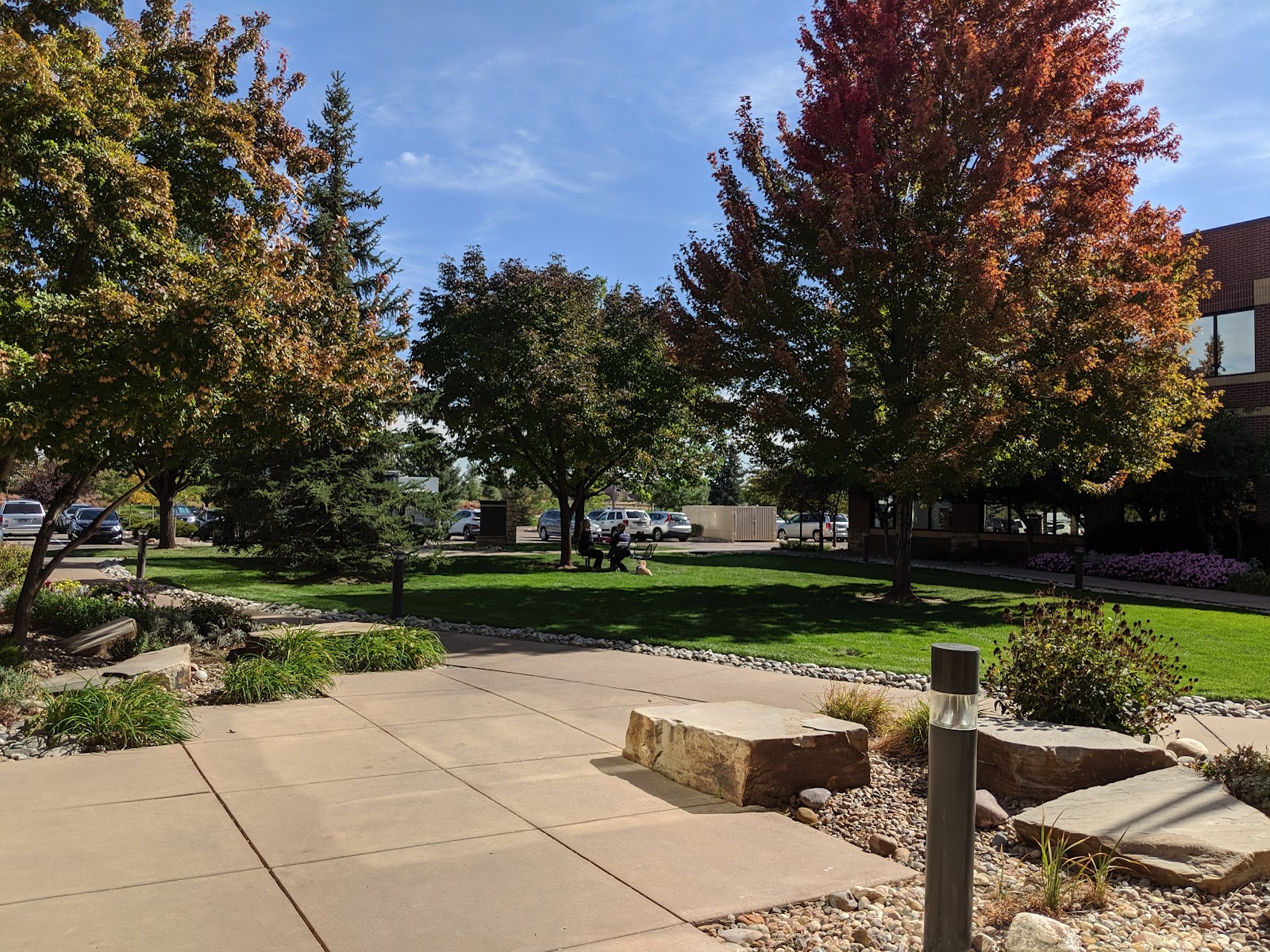 Exterior campus grounds featuring large mature trees, manicured lawn, paved pathways, and facility building in background