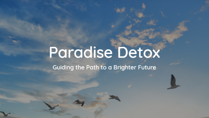 Exterior branding image showing Paradise Detox facility name with tagline against blue sky with birds and clouds