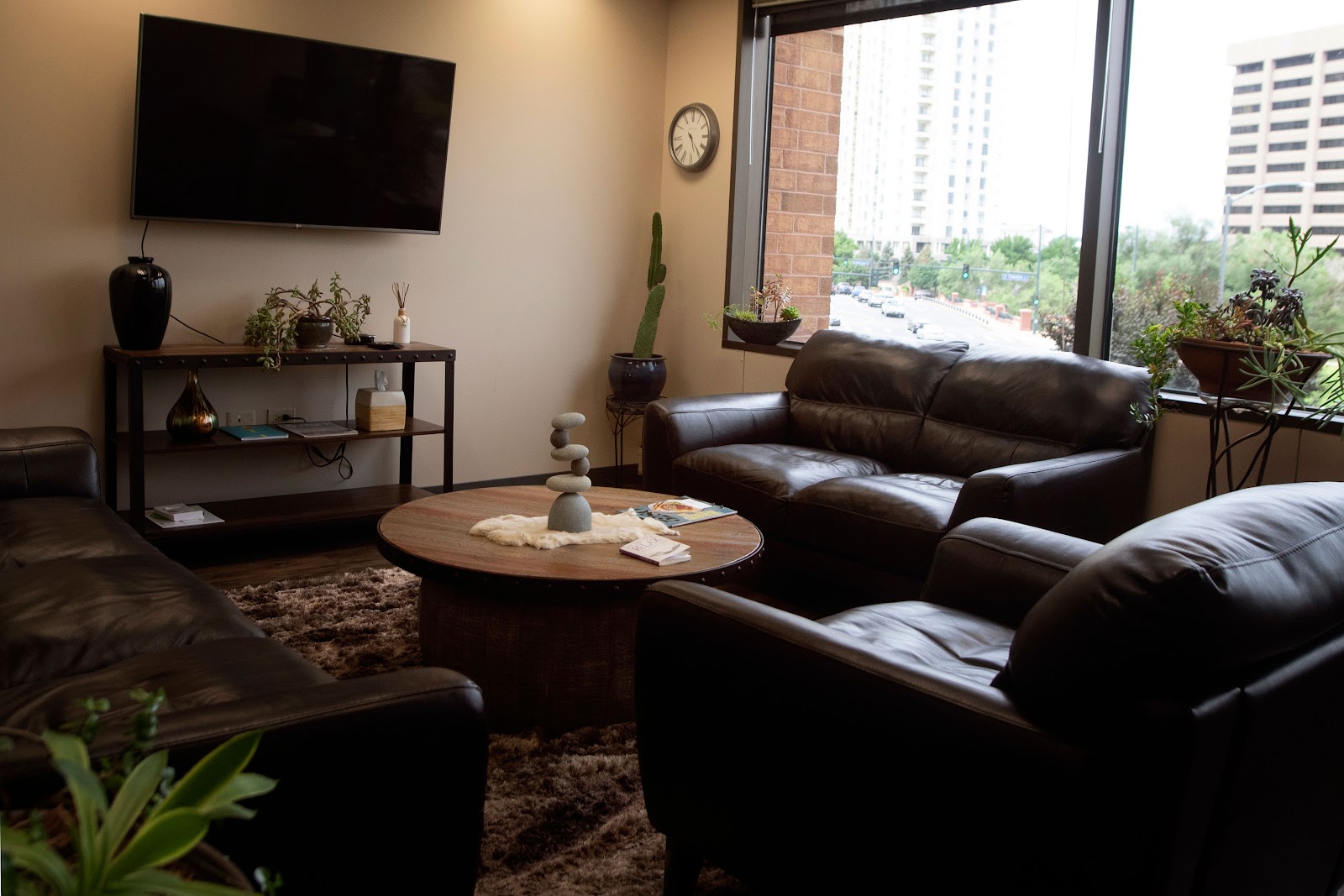 Interior lounge area with brown leather seating, wooden coffee table, decorative plants, window with city skyline view, and TV mounted on wall