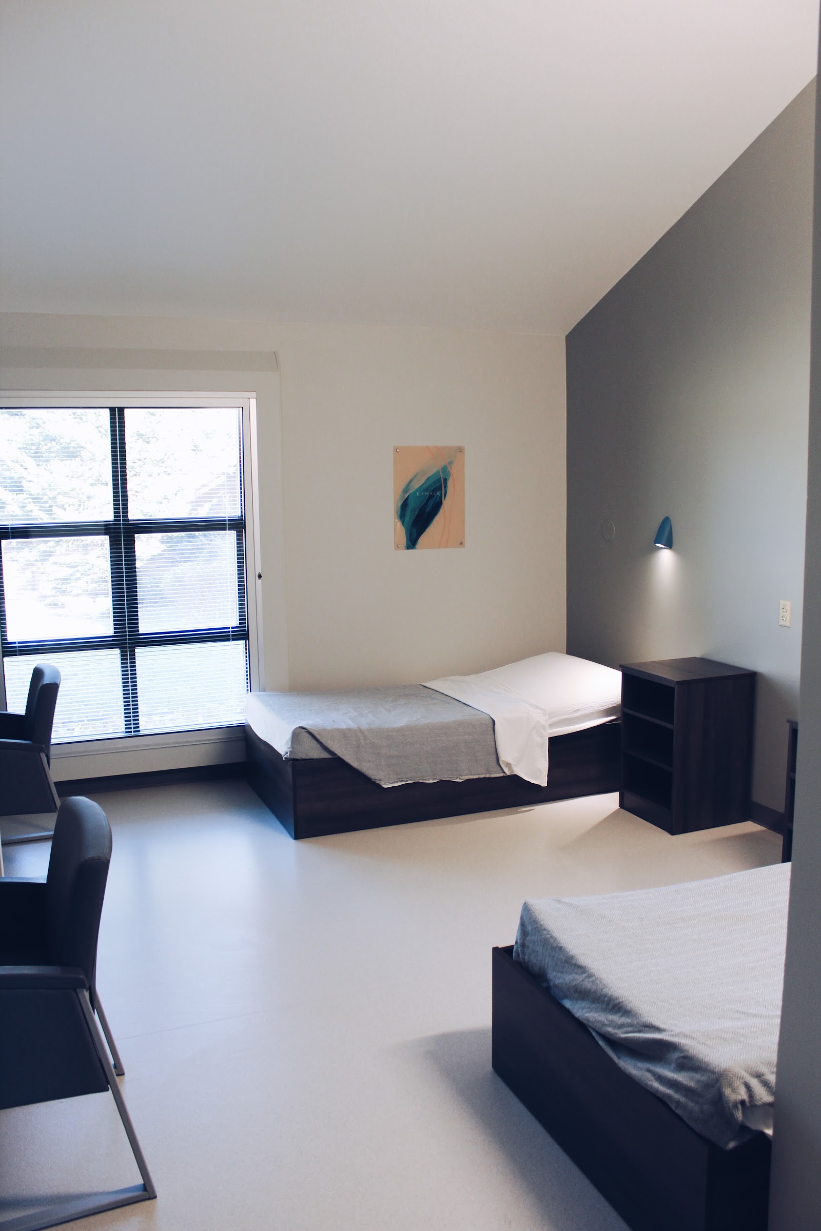 Interior patient bedroom with twin bed, desk area, large window, gray accent wall, minimal modern furnishings.