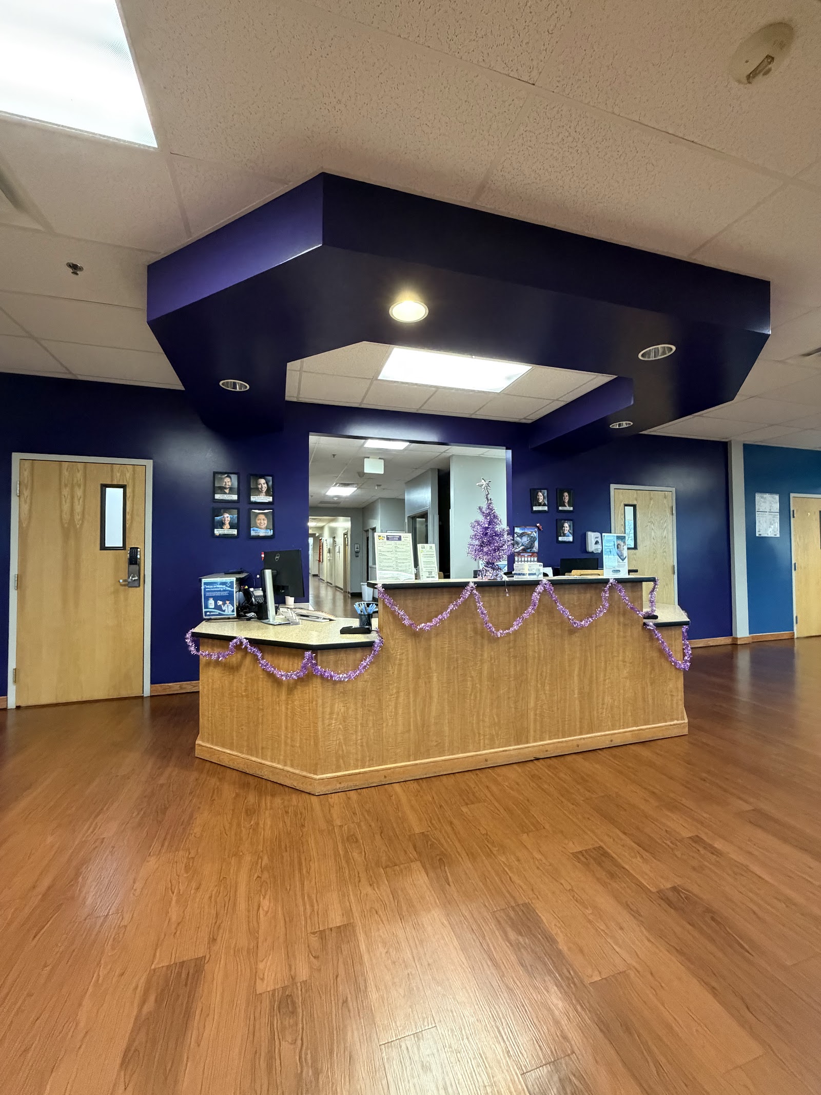 Interior reception area with large blue overhead structure, wooden counter, LED lighting, and holiday garland decorations