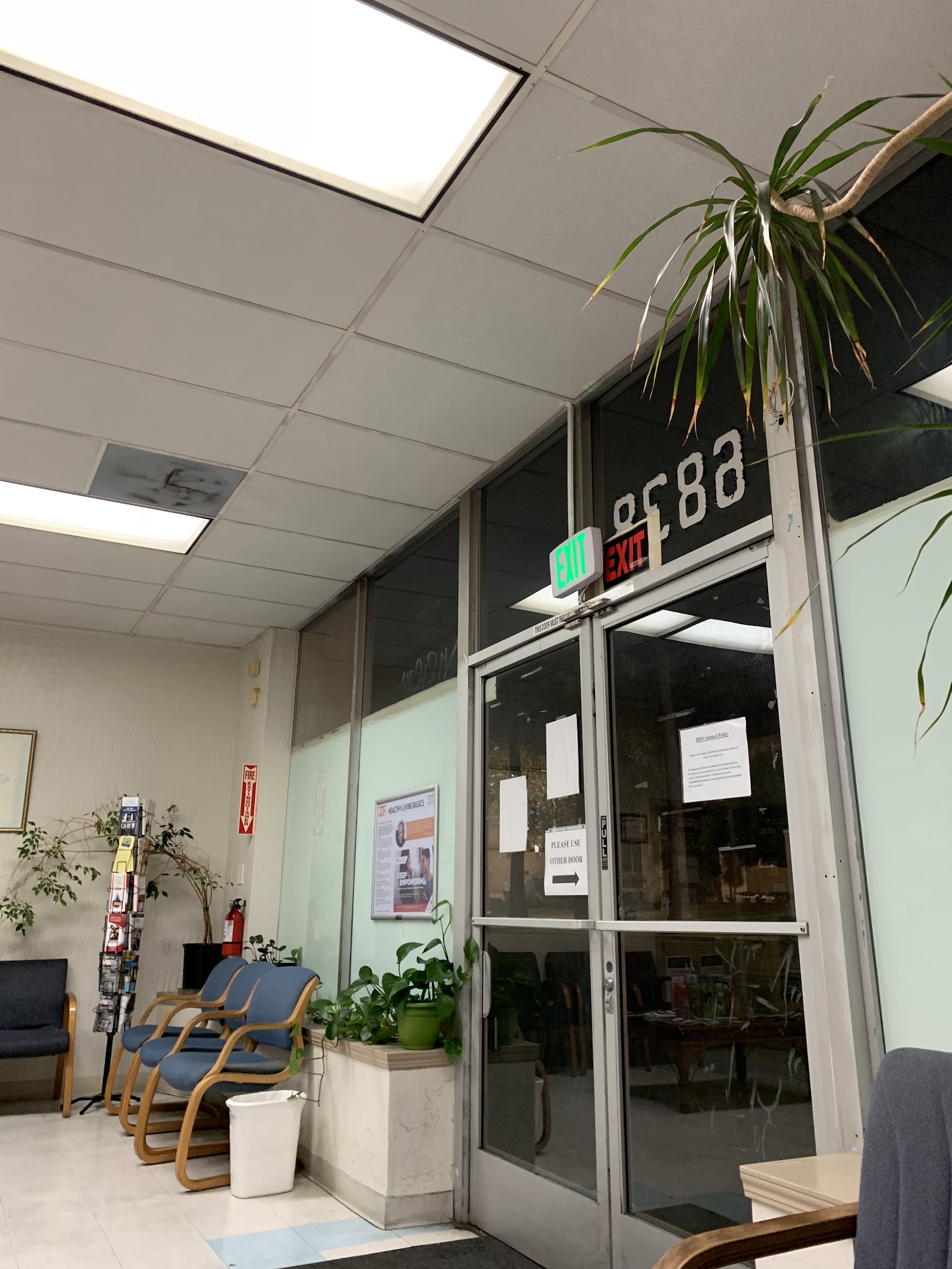 Interior waiting room with blue upholstered chairs, potted plants, fire safety signage, and glass entry doors