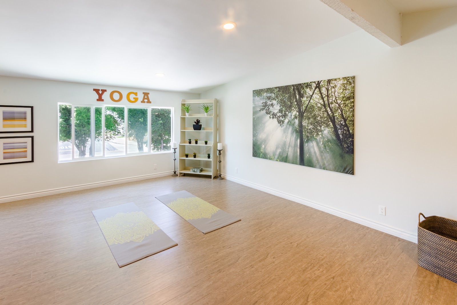 Interior yoga studio with wooden flooring, yoga mats, meditation space, and nature-themed wall art